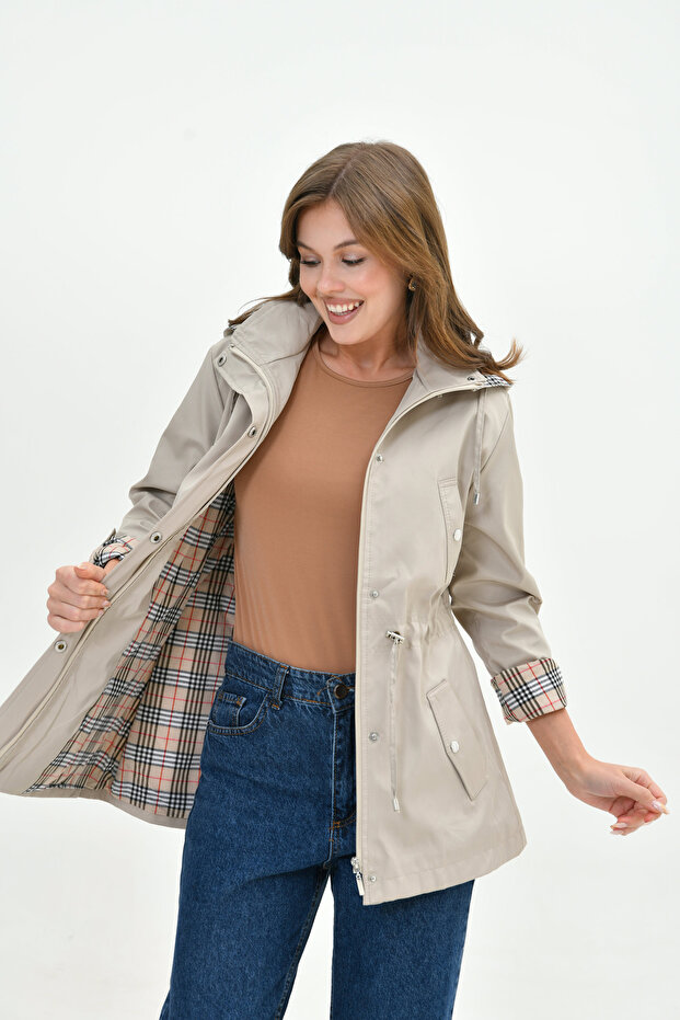Women's Water-Resistant Plus Size Zip-Up Hooded Cotton Plaid Trench Coat