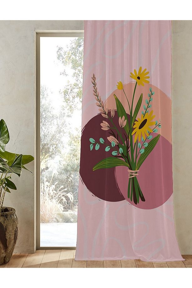 Çiçekler Yaprak Bohem Desenli Dijital Baskılı Fon Perde (TEK KANAT) Modern Tasarımlı Soft Renk Perde - 2