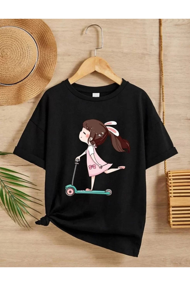 Girl's Crew Neck Printed T-Shirt - Black