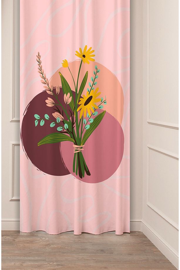 Çiçekler Yaprak Bohem Desenli Dijital Baskılı Fon Perde (TEK KANAT) Modern Tasarımlı Soft Renk Perde - 1