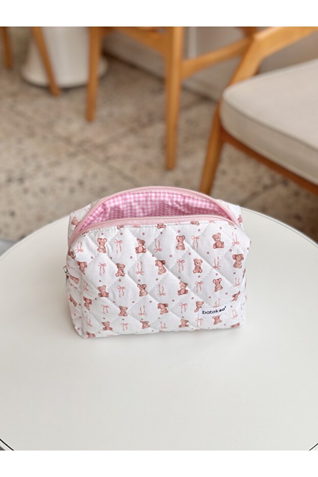 حقيبة مكياج منقوشة على شكل دمية دب وردي - حجم كبير - 6