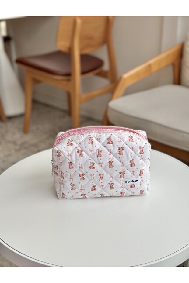 حقيبة مكياج منقوشة على شكل دمية دب وردي - حجم كبير - 5