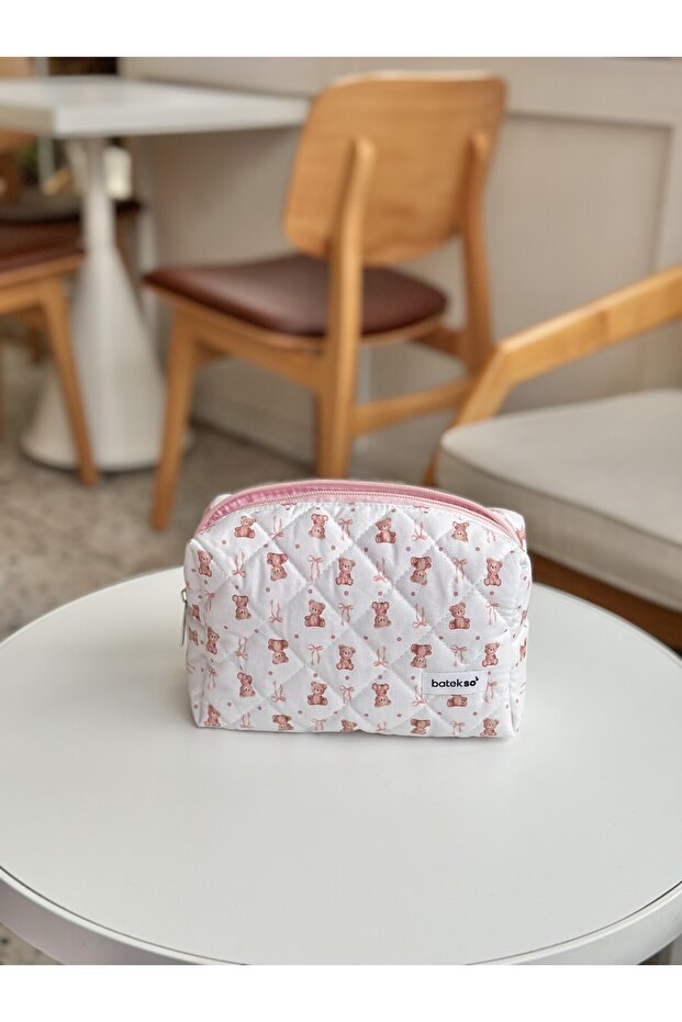 حقيبة مكياج منقوشة على شكل دمية دب وردي - حجم كبير - 3