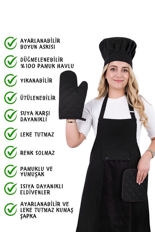 Star Ayar Askılı 5li Mutfak Önlüğü Seti (AYAR ASKILI HAVLULU ÖNLÜK, ŞAPKA, ELDİVEN, TUTACAK) - 3