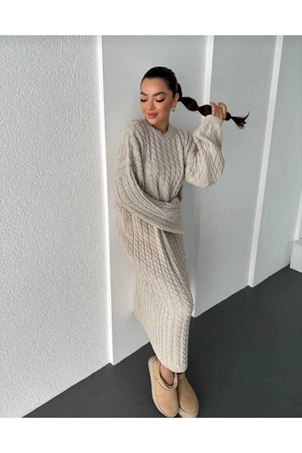 Crew Neck Knitted Pattern Long Knitwear Dress