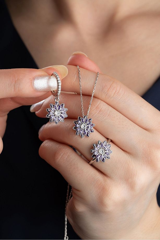 925 Ayar Gümüş Lotus Çiçeği Takı (Kolye-Küpe-Yüzük)Seti - 3