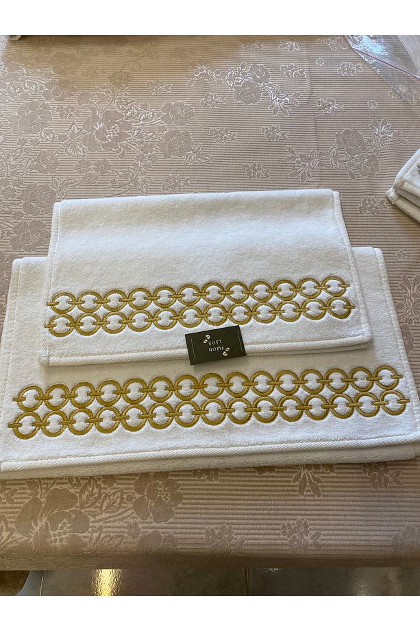 %100 Pamuk Halka Desenli Banyo Paspas Takımı Gold - 4