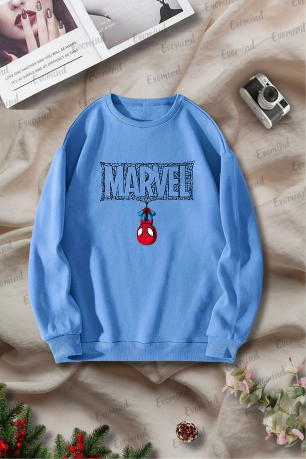 Unisex Örümcek Adamlı Marvel Baskılı Çocuk ve Yetişkin Bisiklet Yaka Sweatshirt - 1