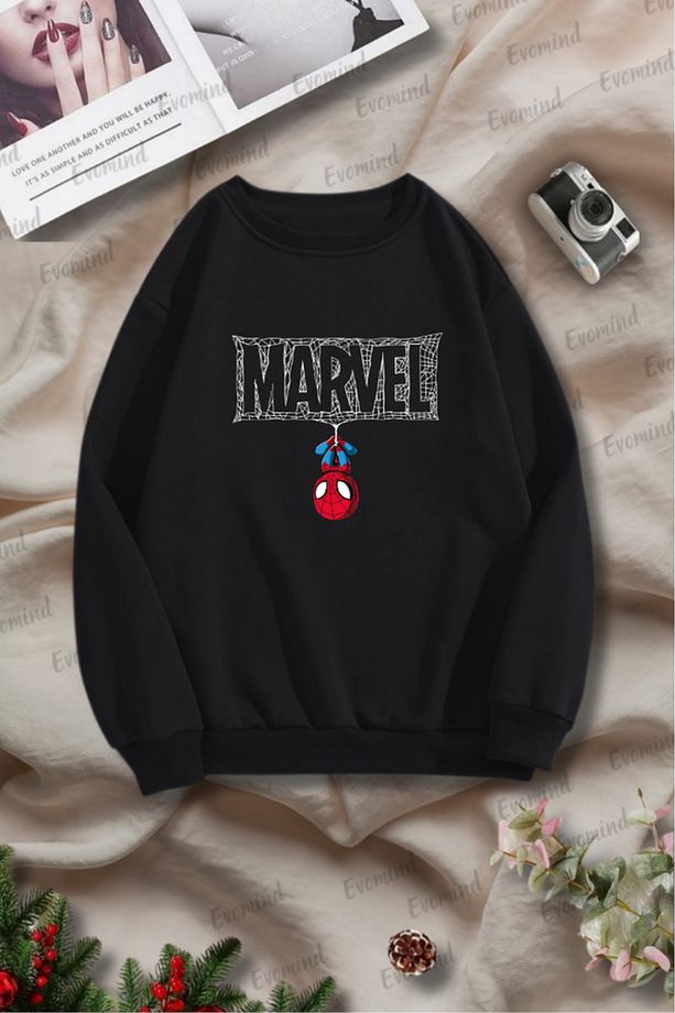 Unisex Örümcek Adamlı Marvel Baskılı Çocuk ve Yetişkin Bisiklet Yaka Sweatshirt - 1