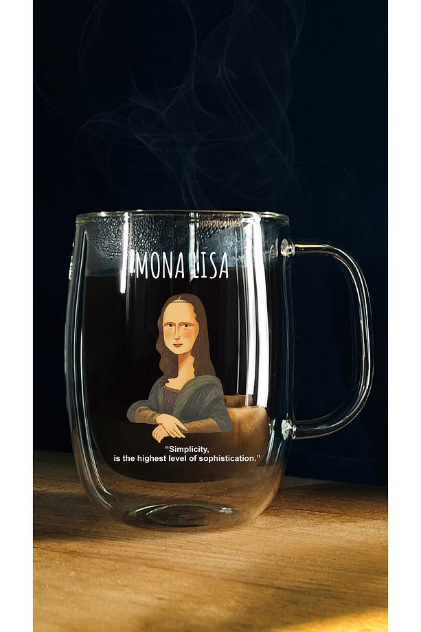 CAGA Bardak Ressamllar Serisi MONA LISA Isıya Dayanıklı Borosilikat Çift Çidarlı Kulplu Cam Kupa - 2