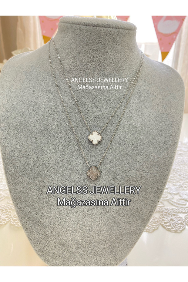 Double Combination Clover Model Silver White Necklace (Clover Model Silver White 2-Piece Combination Necklace)
