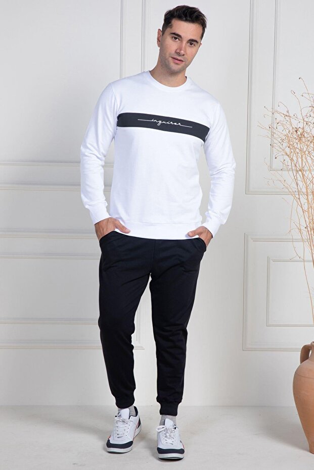 طقم بيجامة رجالي من Mecit 2910 باللون الأبيض بحبلين محبوكين