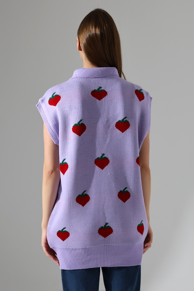 Strawberry Patterned Buttoned Long Sweater - 5
