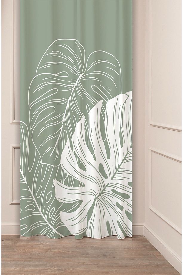Yeşil Yaprak Bohem Desenli Dijital Baskılı Fon Perde (TEK KANAT) Modern Tasarımlı Soft Renk Perde - 1