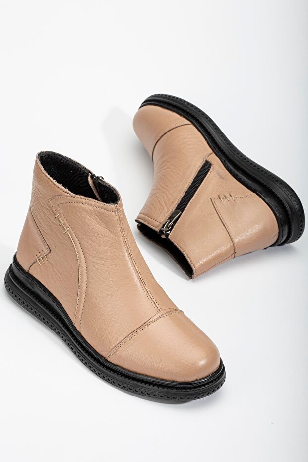 Genuine Leather Orthopedic Women's Boots Beige Saddled Flat Sole