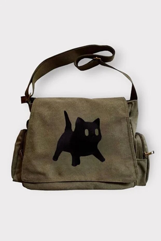 Khaki Scared Cat Patterned Messenger Bag - 1