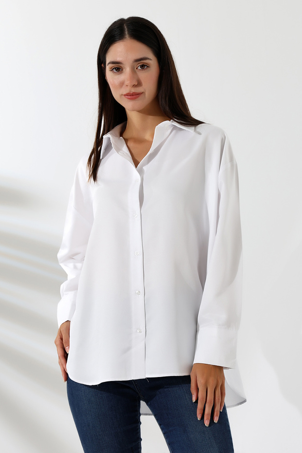 Oversize Micro Satin Draped White Women's Shirt