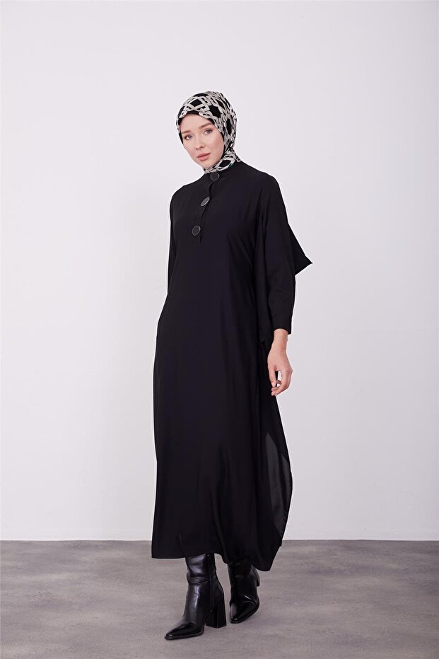 Black Dress with Inner Skirt and Buttons - 23K9706