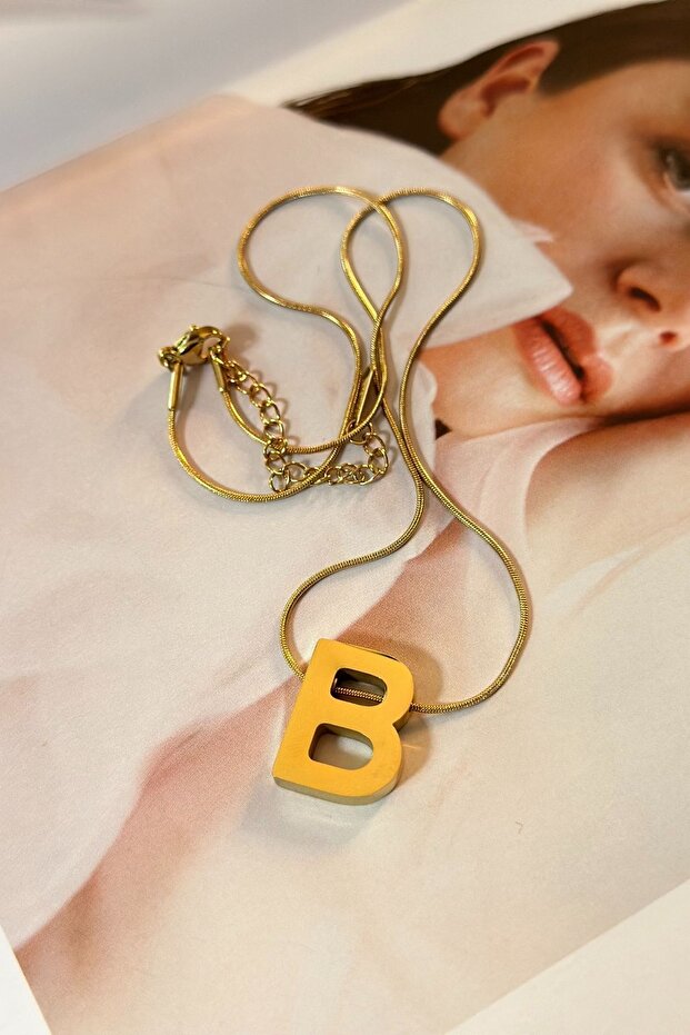 Steel Oversized Letter B License Plate - Italian Chain Necklace