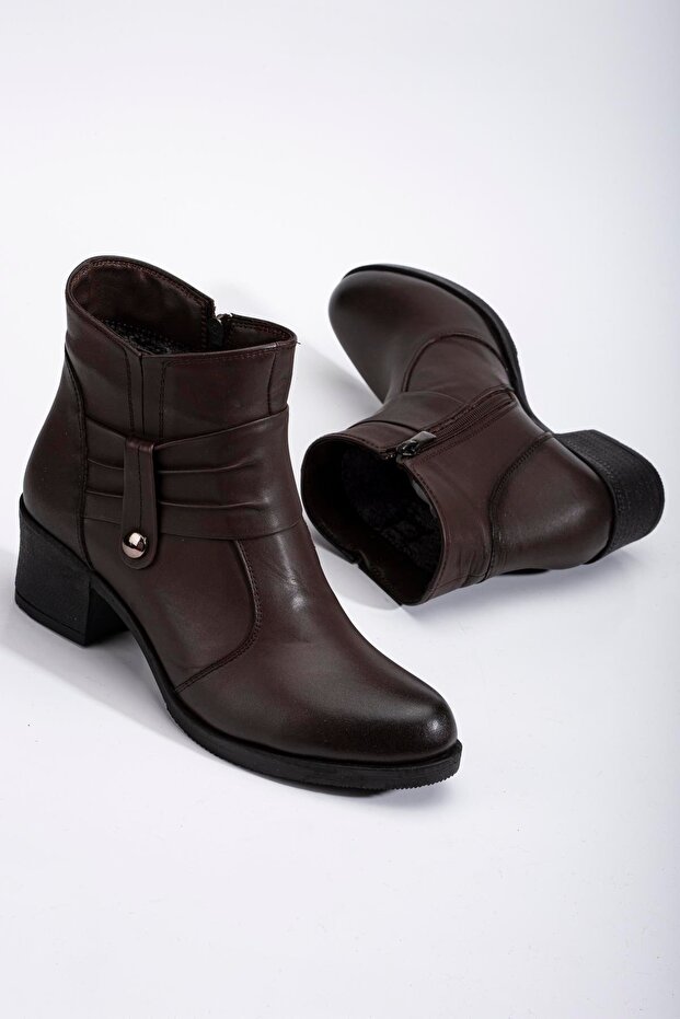 Genuine Leather Women's Heeled Boots Brown Laceless Round Toe