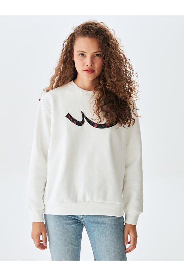 Logolu Bisiklet Yaka Bej Sweatshırt - 2