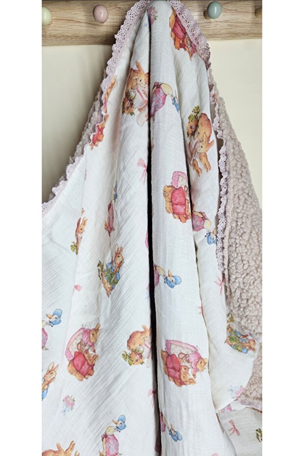 New Pink Peter Rabbit Double Layer Muslin and Teddy Beige Fabric Baby Blanket