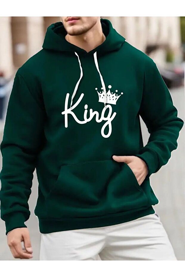 King Patterned Wool Inside 2 Thread Raised Hooded Pocket Sweatshirt