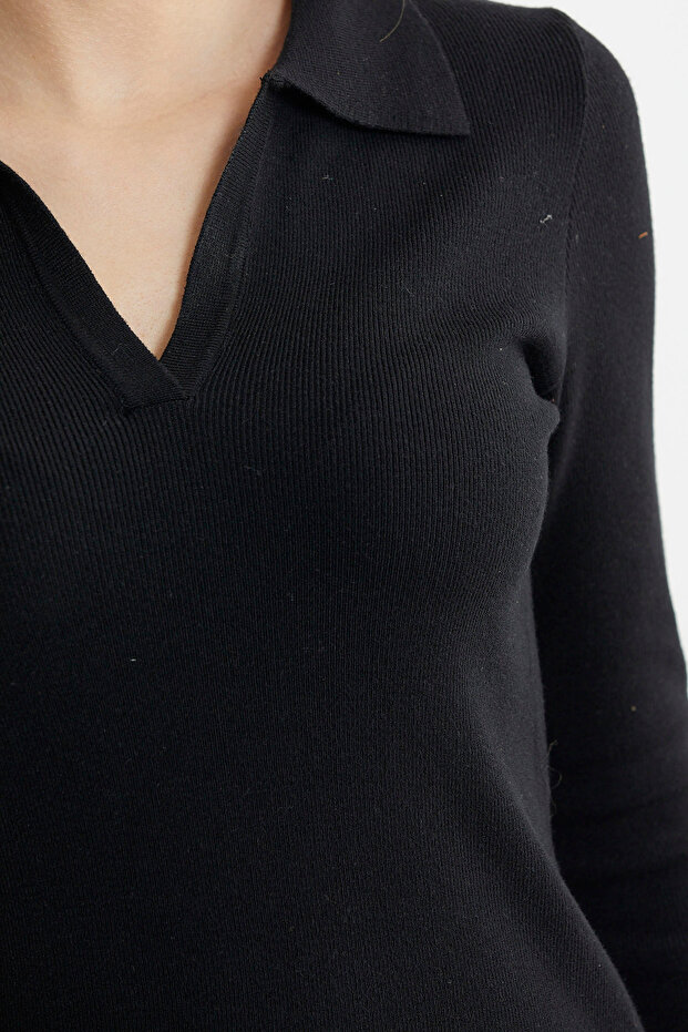 Patlı Polo Yaka Basic Triko Elbise - Siyah - 5