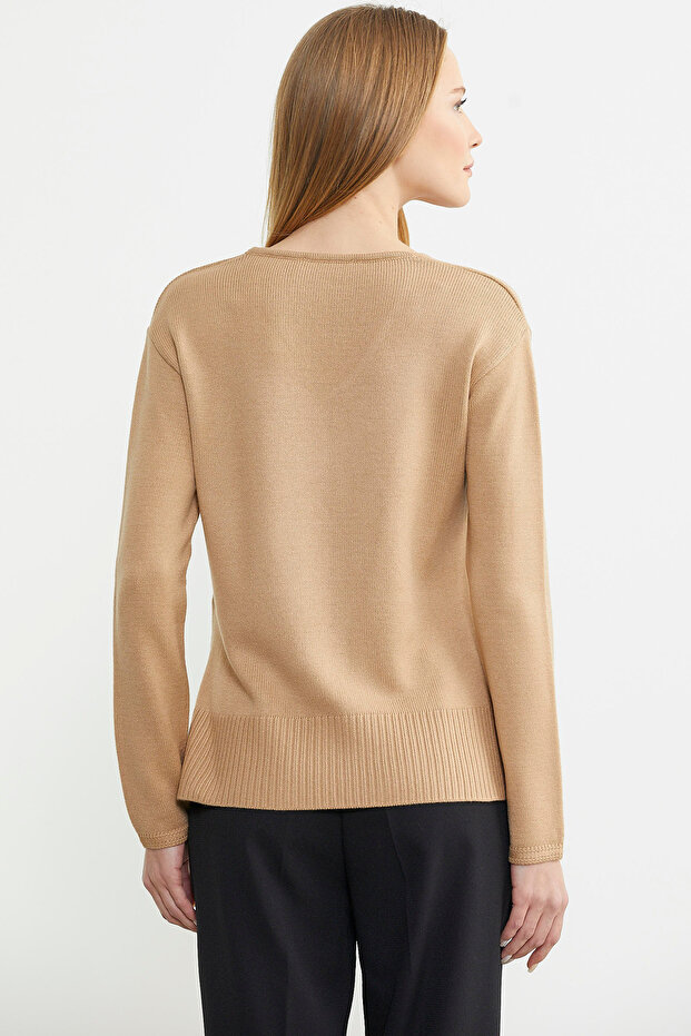 Salaş V Yaka Basic Triko Kazak - Kamel - 5