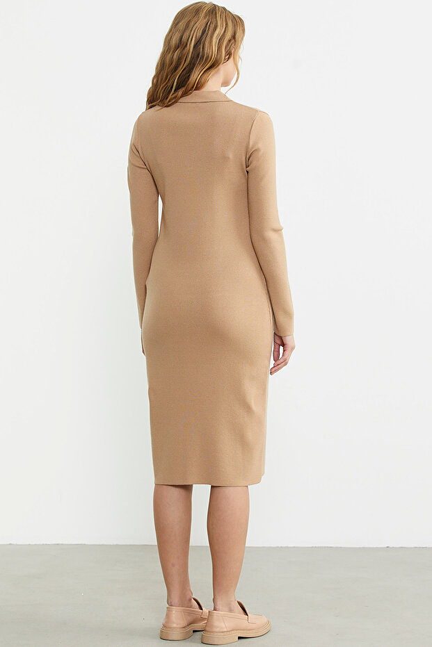Patlı Polo Yaka Basic Triko Elbise - Bej - 6