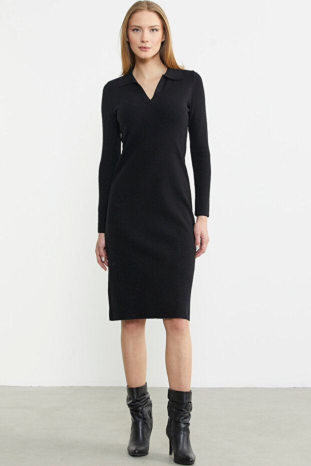 Patlı Polo Yaka Basic Triko Elbise - Siyah - 1