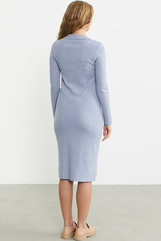 Patlı Polo Yaka Basic Triko Elbise - Mavi - 6