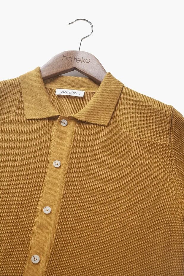 Pamuk-bambu Hardal Gömlek Yaka Triko Hırka - 9