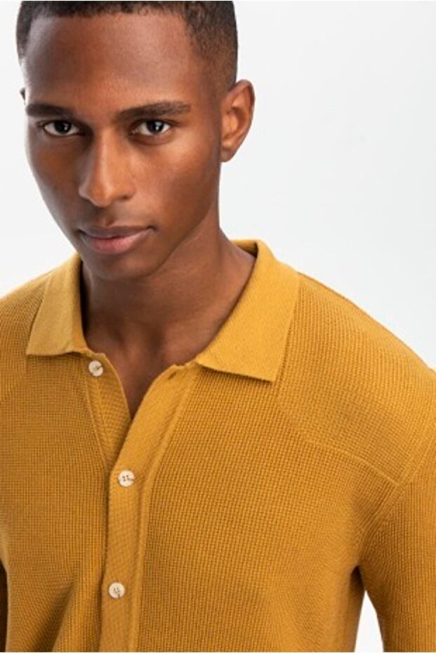 Pamuk-bambu Hardal Gömlek Yaka Triko Hırka - 6