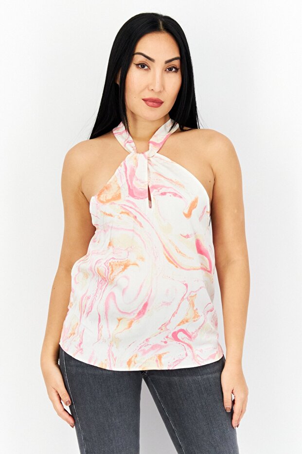 Women Halter Neck Sleeveless Printed Top, Pink