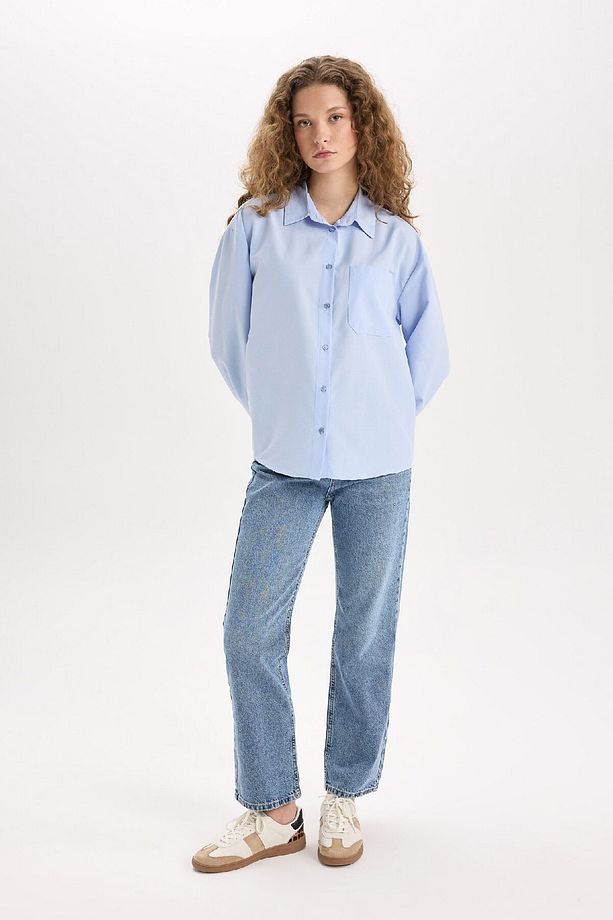 Oversize Geniş Kalıp Poplin Uzun Kollu Gömlek E2294AXNS - 2