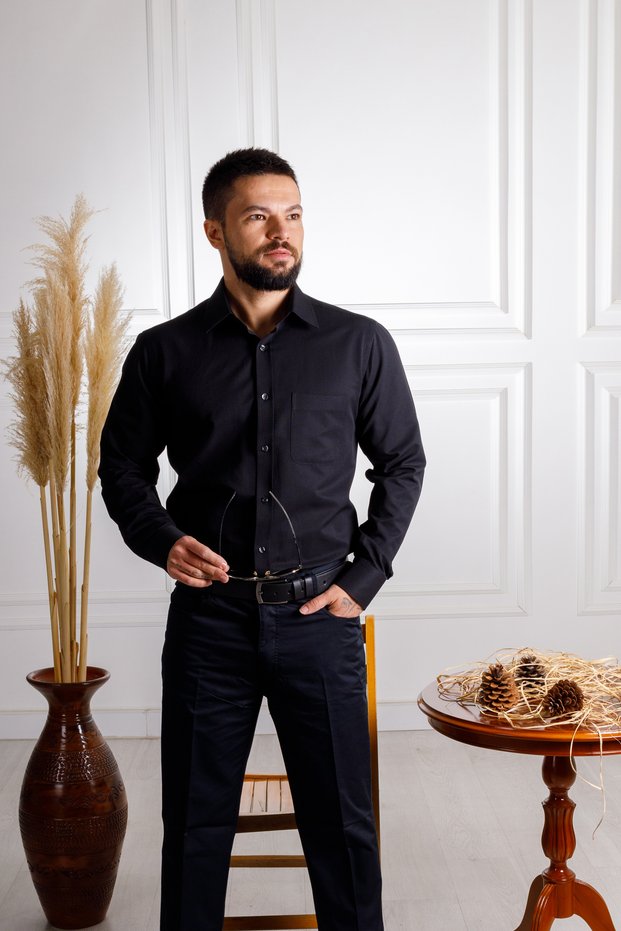Elvio Textured Classic Fit Pocket Cotton Black Shirt