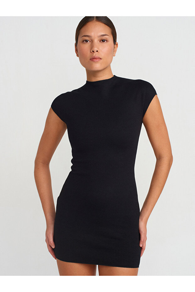 91305 Kısa Streç Örme Elbise-Siyah - 1