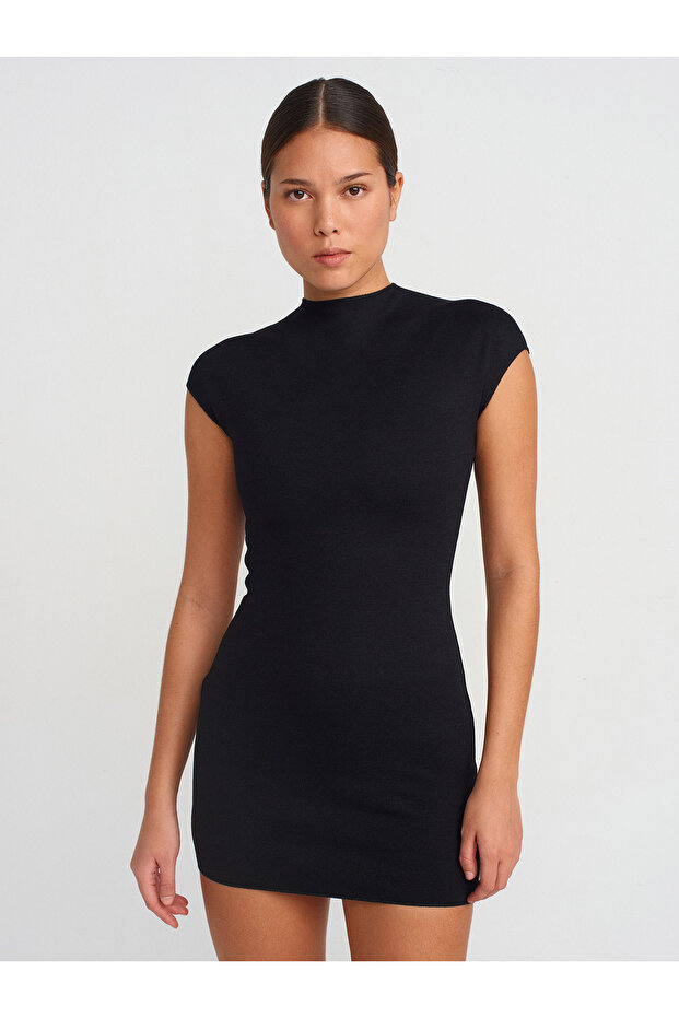 91305 Kısa Streç Örme Elbise-Siyah - 4
