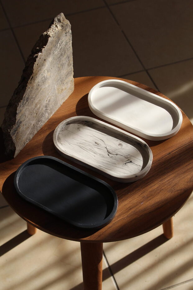 Vıvasto Dekoratif 3'lü Sunumluk Set, Dekoratif Takı Tabağı,Saksılık,Tütsülük,Mumluk  (100%) Taş Tozu - 1