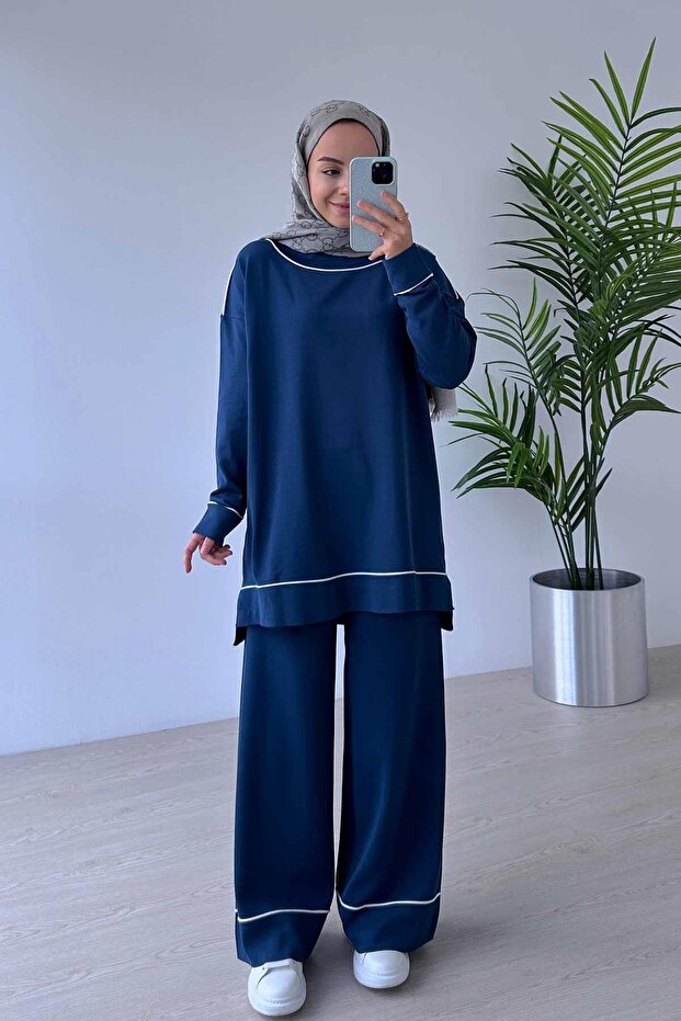 Piping Detail Mercerized Hijab Double Set - Petrol