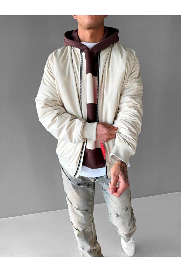 Erkek Basic Bomber Ceket Bej - 5