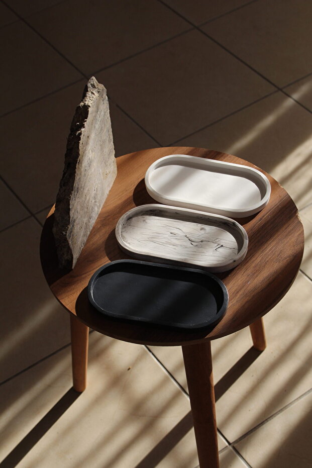 Vıvasto Dekoratif 3'lü Sunumluk Set, Dekoratif Takı Tabağı,Saksılık,Tütsülük,Mumluk  (100%) Taş Tozu - 3