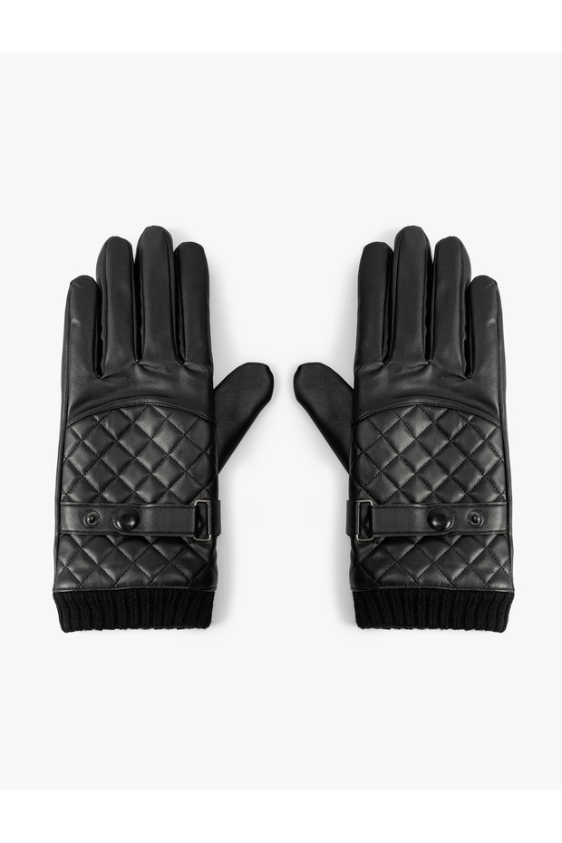 Faux Leather Gloves Quilted Snap Button