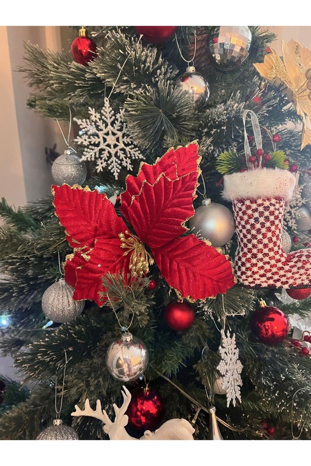 Christmas Red Poinsettia Single Branch Flower Glitter Sequin Christmas New Year Christmas