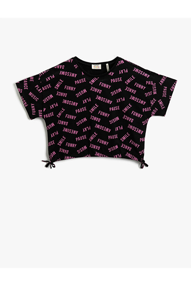 Slogan Printed Short Sleeve T-Shirt Cotton with Bow Tie on the Sides