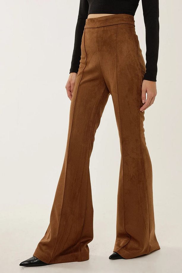 Nervürlü Yüksek Bel Süet Geniş Paça Pantolon - 3