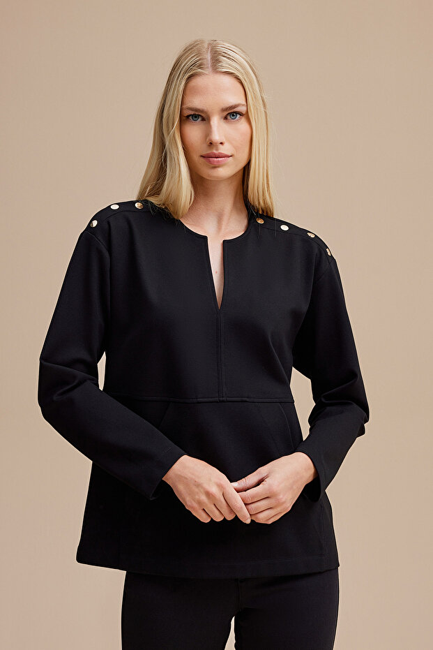 Cep Detaylı Spor Örme Bluz - 2