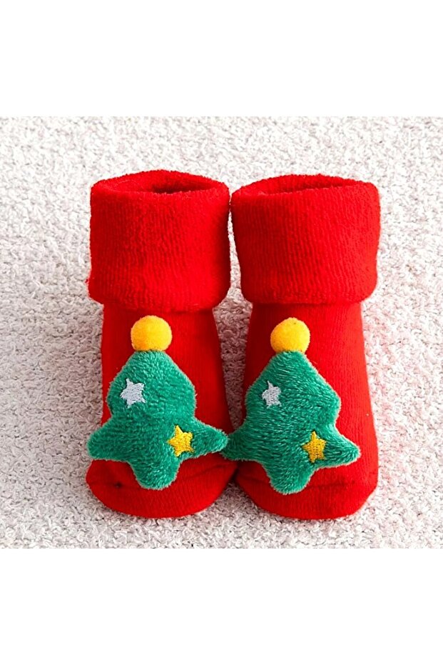 Christmas Themed Pompom Detailed Baby Towel Socks Size S (Model 2)