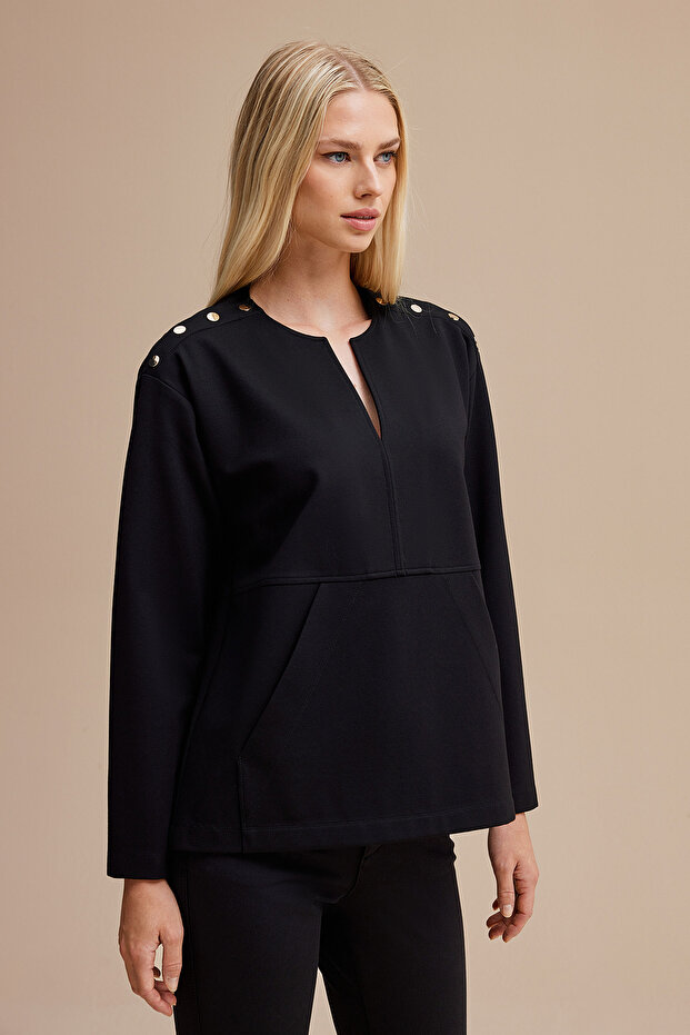 Cep Detaylı Spor Örme Bluz - 4